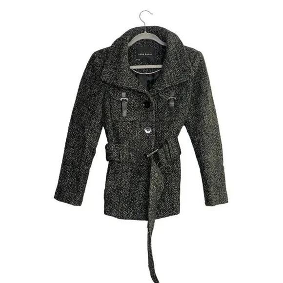 ZARA Wool Blend Long Sleeve Collard Belted Button Up Coat Jacket  M Grey Black - Picture 14 of 15